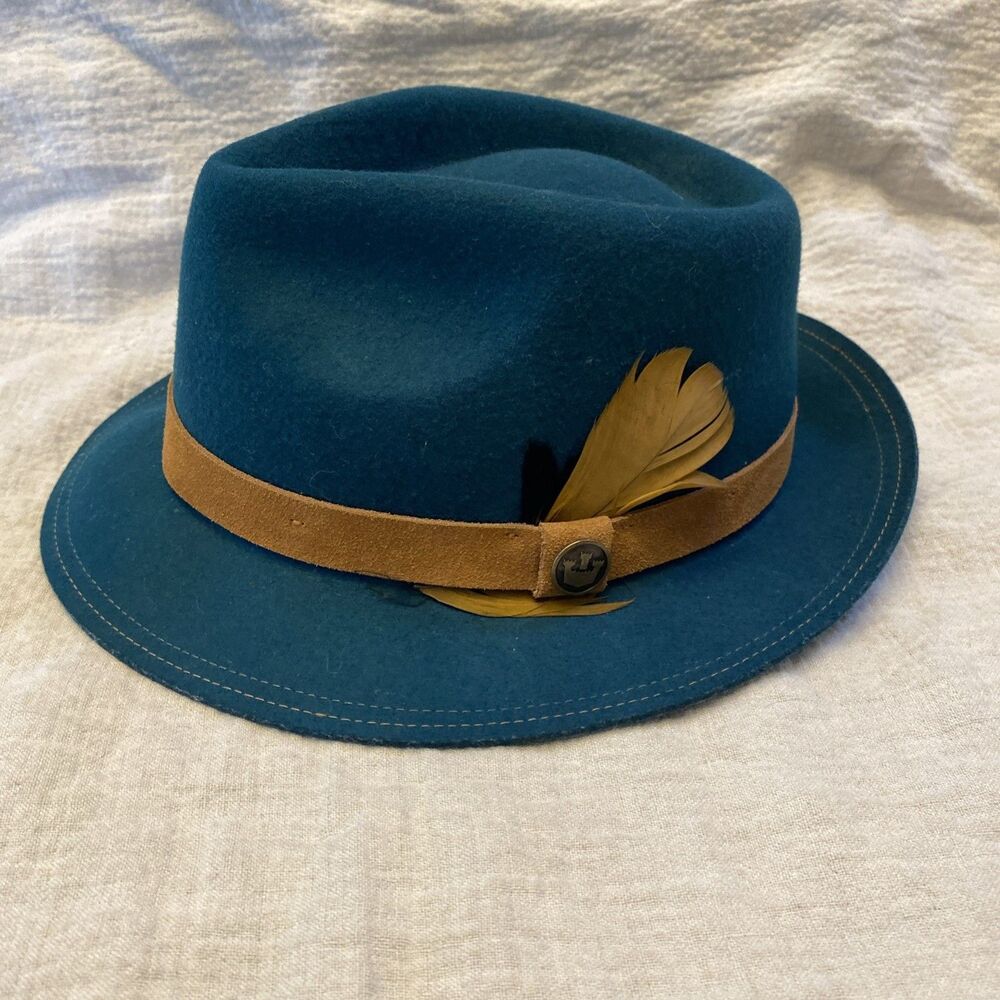 Goorin Bros 100% Wool Small Fedora With Feather Teal